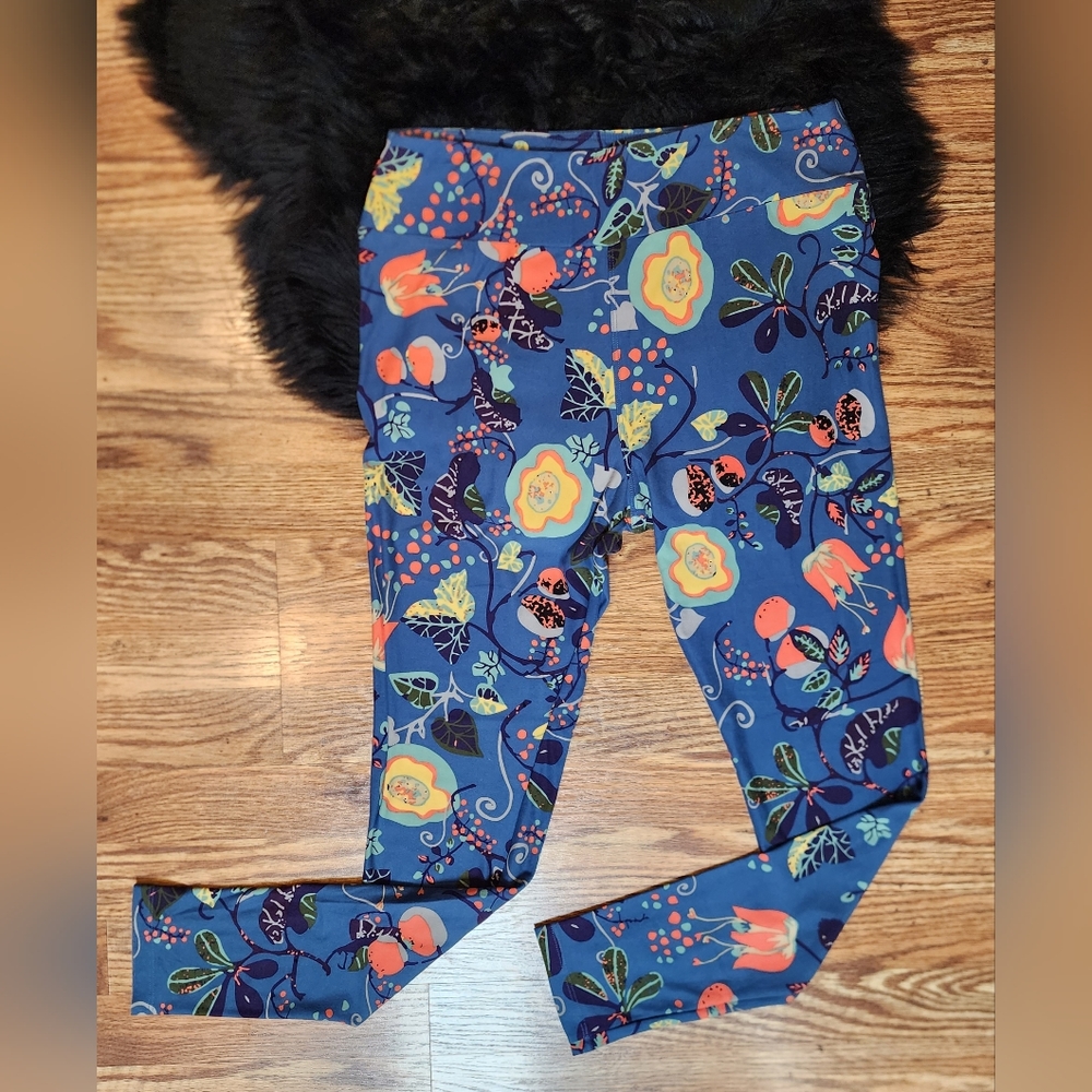 Lularoe Blue with Navy Blue, Teal, Orange & Yellow Floral Tall & Curvy Leggings